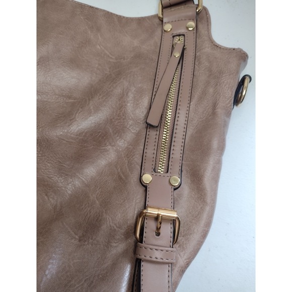 Y2K Taupe Faux Leather Hobo Bag Gold Hardware Buckle Detail Tote Zippers Brown - Picture 3 of 8